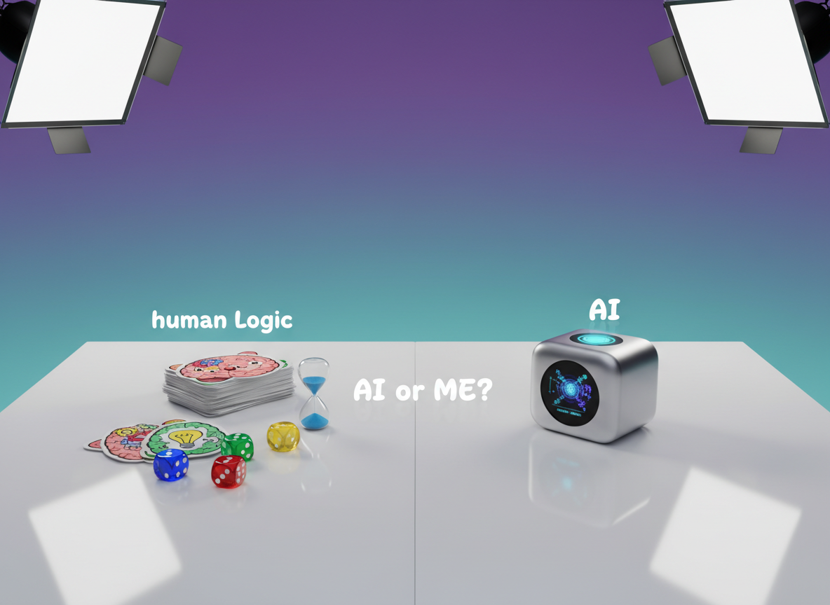 A whimsical testing lab scene featuring two competing quiz stations facing each other across a glossy white table: one side has a stack of illustrated brain-shaped cards, colorful dice, and a small hourglass filled with bright blue sand; the other side has a compact silver AI module with pulsating cyan lights and a tiny display showing spinning data visualizations. The setting is a playful, modern studio with a soft gradient wall shifting from purple to teal. Overhead softbox lighting creates smooth, even illumination with gentle shadows under the objects. Shot from a bird’s-eye view, the composition clearly separates the “human logic” tools from the “AI” device. Photographic realism with vibrant color accents conveys a fun, educational game atmosphere about testing who can spot AI better.