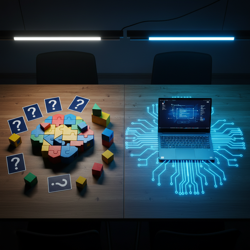 A split-screen style arrangement of two competitive workstations on a single wide wooden table: on the left, an analog brain-themed puzzle made of colorful interlocking geometric blocks and paper cards with question marks; on the right, a sleek ultra-thin laptop surrounded by glowing neon-blue circuit patterns projected onto the tabletop. Overhead, cool white LED strip lighting casts crisp highlights and well-defined shadows, emphasizing the contrast between tactile objects and digital glow. The camera is positioned in a slightly elevated, centered composition, with sharp focus across the scene. The mood is playful and curious, suggesting a game where human intuition faces algorithmic logic, captured in clean, modern photographic realism with vibrant colors.