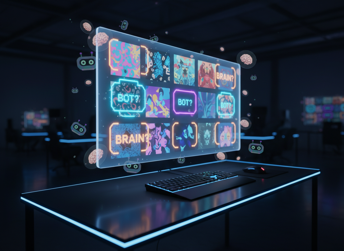 A bright, playful game dashboard displayed on a large floating transparent screen in a darkened room, showing a grid of images with some framed by animated neon brackets labeled “BOT?” and others by warm orange brackets labeled “BRAIN?”. Around the screen, colorful holographic icons of brains and tiny robot heads orbit like game tokens above a matte black desk holding only a sleek keyboard and mouse. Cool blue backlighting from hidden LED strips creates a futuristic halo around the screen, while faint reflections shimmer on the desk surface. Captured from a slightly low angle to make the interface feel grand and immersive, with a shallow depth of field blurring the distant background. The photographic style emphasizes crisp edges, glowing highlights, and an energetic, arcade-like atmosphere.