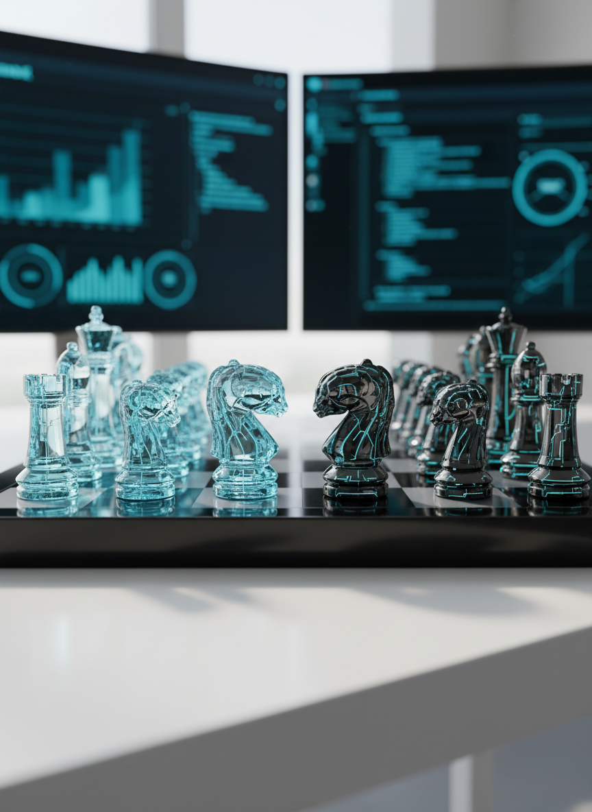 A sleek, glossy black chessboard where half the pieces are sculpted as crystalline human brains and the other half as faceted metallic robot heads, each with glowing cyan circuitry lines. The board rests on a clean white desk in a minimalist, high-tech studio. Soft, diffused daylight from a large side window creates gentle reflections on the polished surfaces and subtle shadows between squares. In the blurred background, abstract graphs and code are visible on large curved monitors. Shot at eye level with a shallow depth of field, the focus is on the central confrontation of two opposing pieces. The photographic realism and vibrant contrast create a playful yet intellectually charged atmosphere about human versus AI competition.